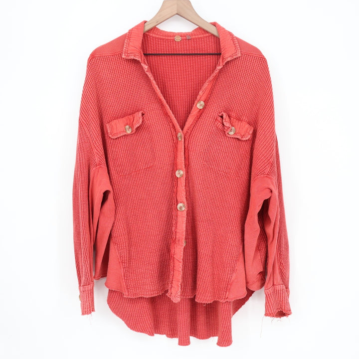 Free People One Scout Jacket Womens Small Red Cotton Waffle Knit Long Sleeve