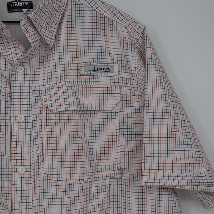 Habit Mens Short Sleeve Plaid Fishing Shirt L G Solar-Factor White Orange Navy