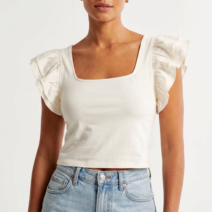 A New Day White Ruffle Flutter Sleeve Square Neck Top Large