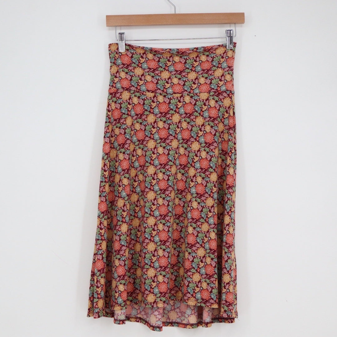 LuLaRoe Madison Skirt Womens XS Red Floral Chrysanthemum A-Line Midi Knit