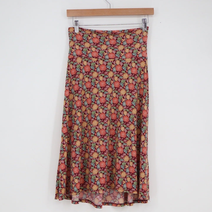 LuLaRoe Madison Skirt Womens XS Red Floral Chrysanthemum A-Line Midi Knit