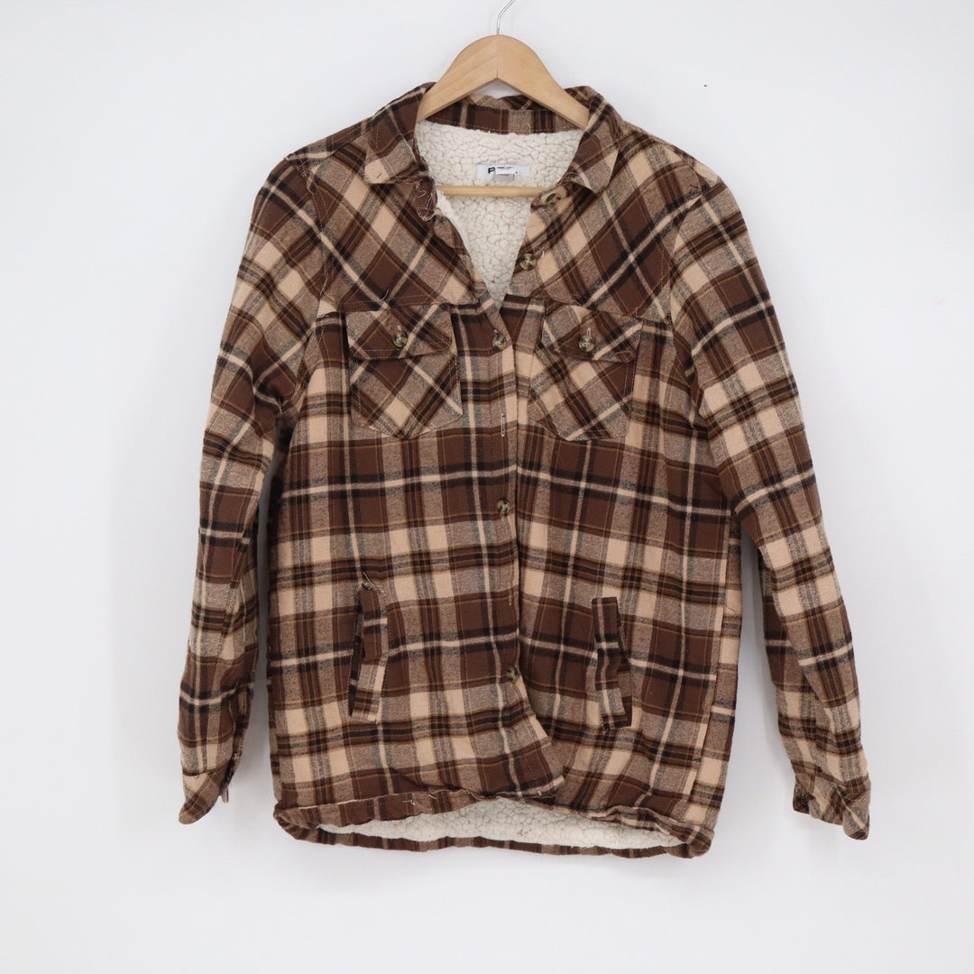 RSQ Mens Brown Plaid Sherpa Lined Flannel Shirt Jacket Shacket Medium