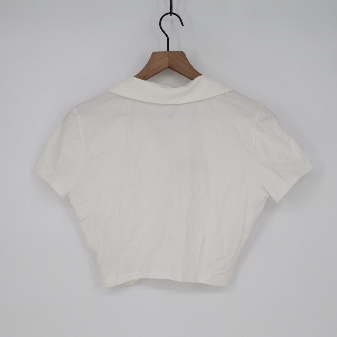 Zara Crop Shirt Womens S White Cotton Ruched Detailing Spread Collar Button Up