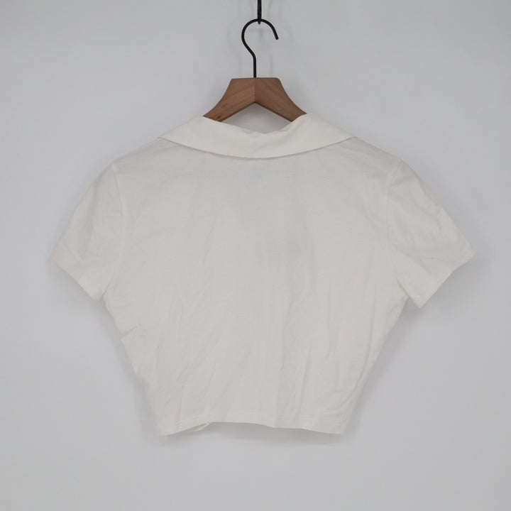 Zara Crop Shirt Womens S White Cotton Ruched Detailing Spread Collar Button Up