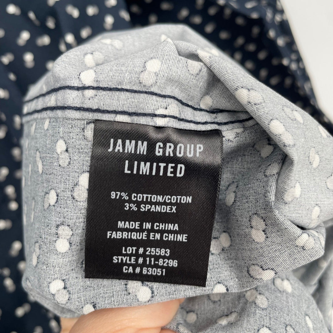 JULIAN & MARK Mens L G Button Down Shirt Navy Blue White Dot Print Long Sleeve