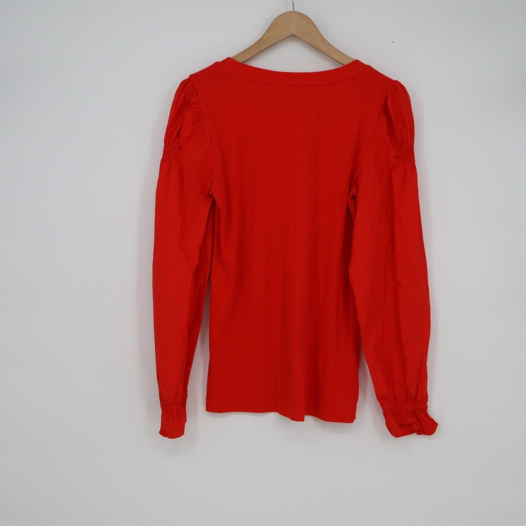 LOFT Red Puff Sleeve Ribbed Knit Top Medium Smocked Cuff Crew Neck