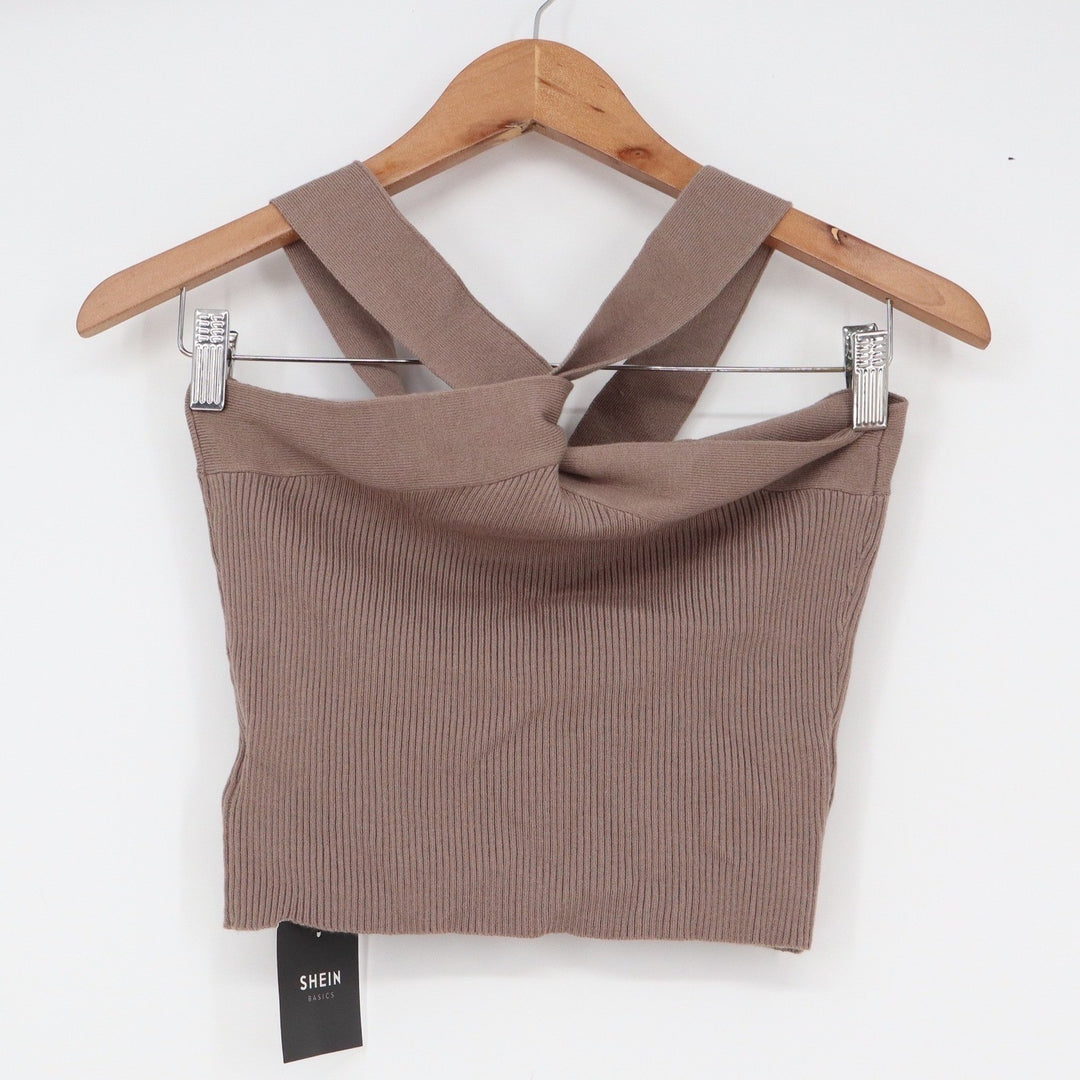 SHEIN Basics Taupe Brown Ribbed Twisted Front Halter Crop Top M