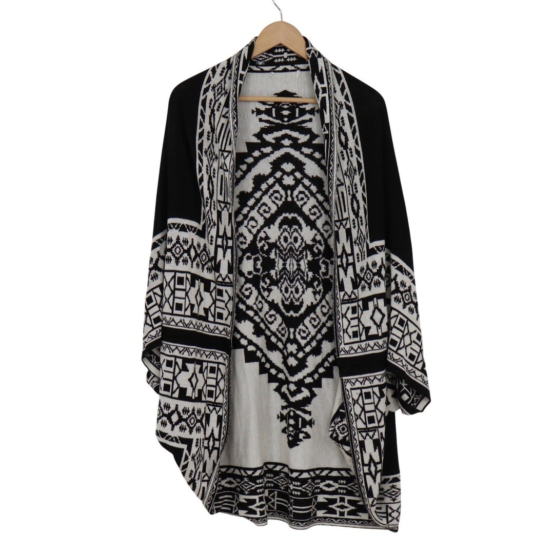 Black White Geometric Tribal Open Front Kimono Cardigan Sweater Longline Knit