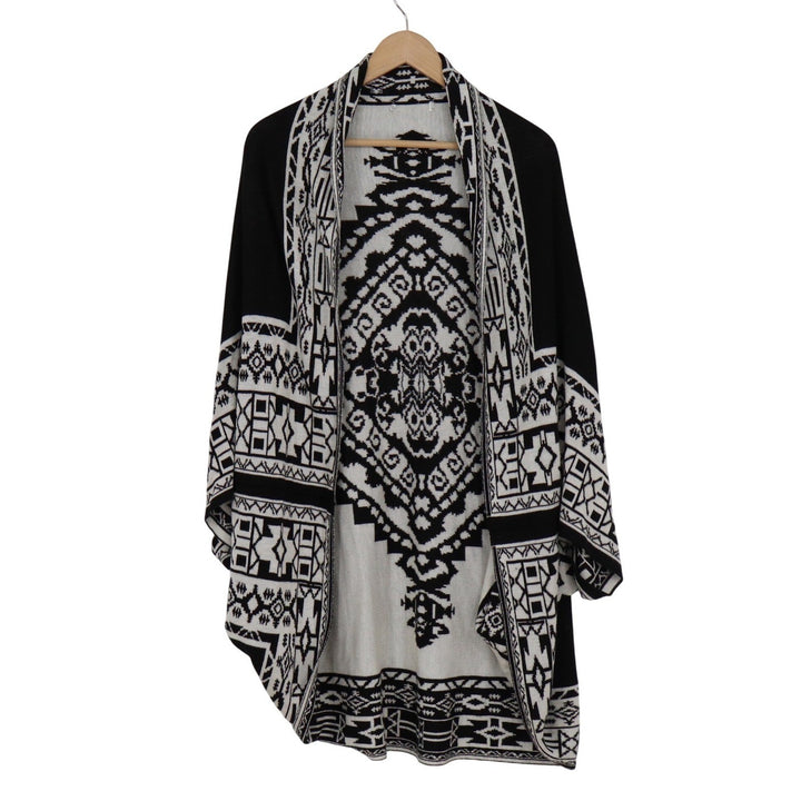 Black White Geometric Tribal Open Front Kimono Cardigan Sweater Longline Knit