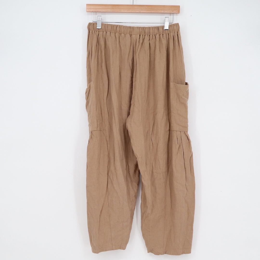 Tarse Womens Small Tan Linen Blend Harem Cargo Pants Elastic Waist Cropped Boho