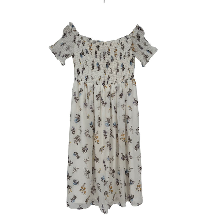 AQUA Smocked Off Shoulder Floral Midi Dress White Blue Yellow Size S