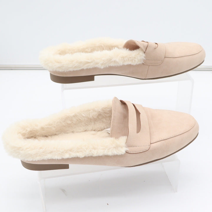 Serra Womens Tan Faux Suede Penny Loafer Mules Faux Fur Lined Size 10