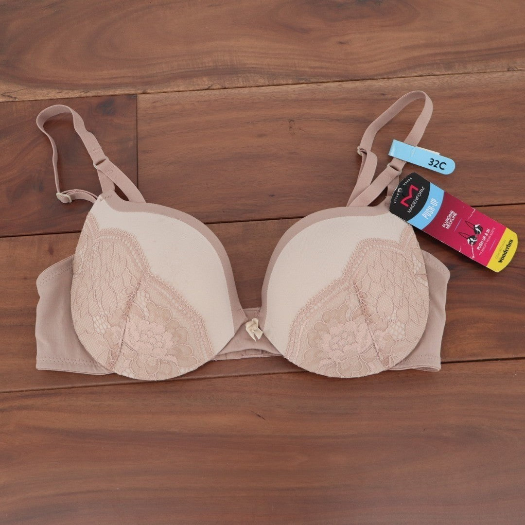 Maidenform Push-Up Bra Womens 32C Cream Stretch Lace Detail Underwire Padded
