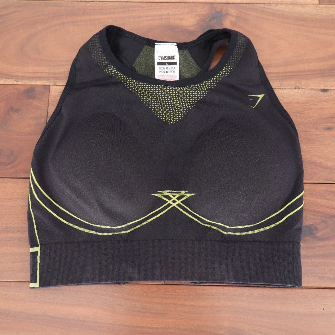 Gymshark Black Seamless Sports Bra Neon Yellow Accents Size L