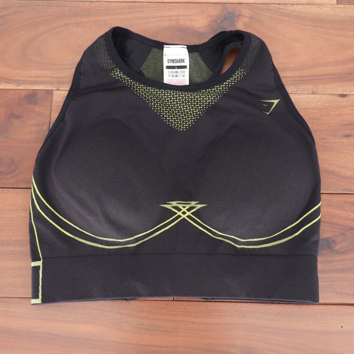 Gymshark Black Seamless Sports Bra Neon Yellow Accents Size L