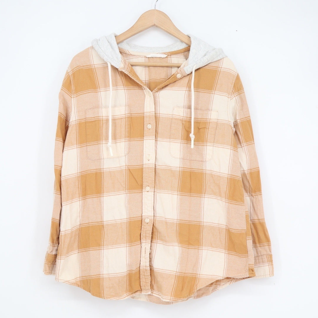 NET Ladies Mustard Yellow Plaid Hooded Flannel Shirt Button Down Size S