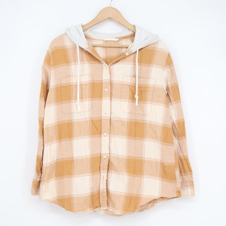 NET Ladies Mustard Yellow Plaid Hooded Flannel Shirt Button Down Size S
