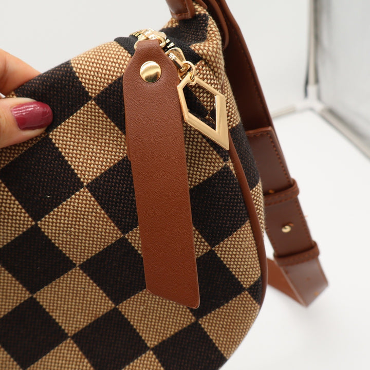 Unbranded Crossbody Bag Womens OS Checkered Brown Crescent Sling Pouch Excellent
