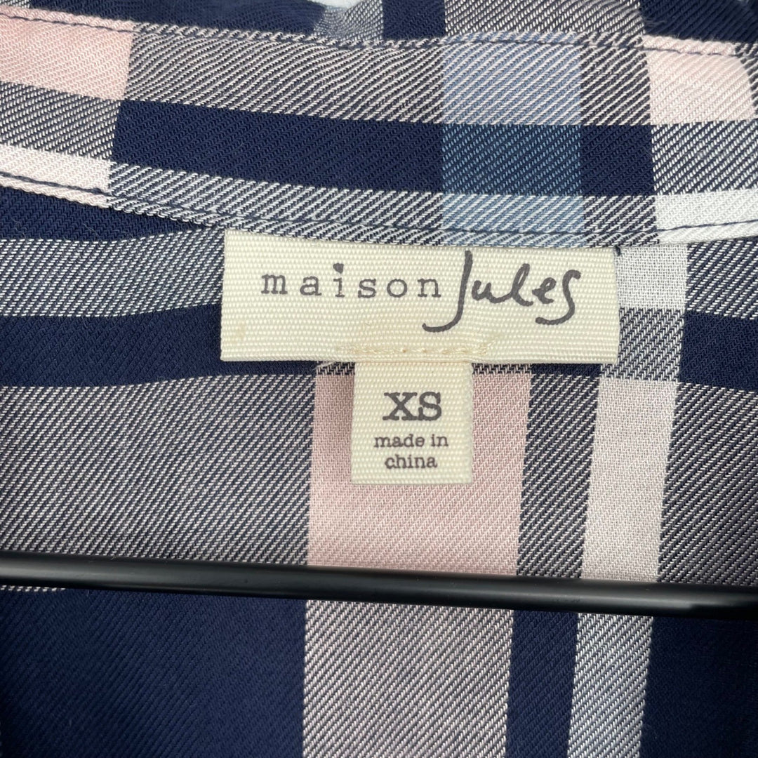 Maison Jules Plaid Cold Shoulder Maxi Shirt Dress Navy Pink Blue XS Tie Waist