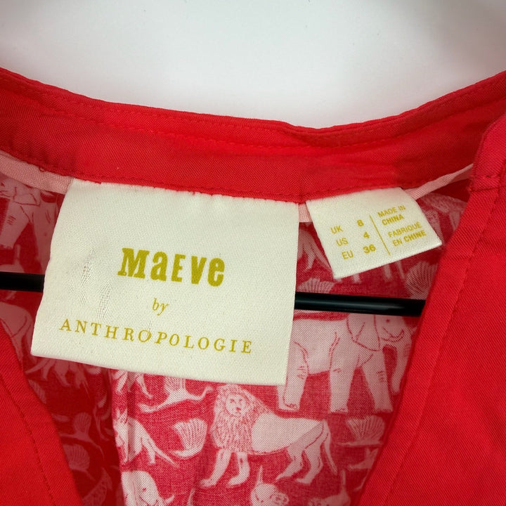 Maeve Anthropologie Red White Animal Safari Print V-Neck Sleeveless Top Size 4