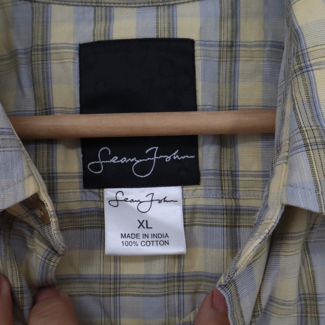 Sean John Mens XL Short Sleeve Button Down Shirt Yellow Blue Plaid Cotton Y2K