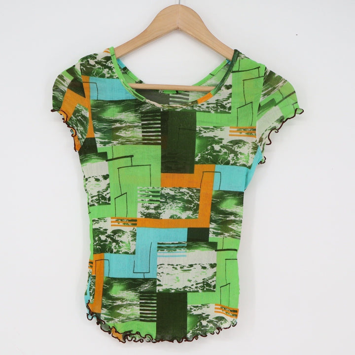 Unbranded Mesh Top Womens XS Geometric Abstract Green Lettuce Edge Y2K Excellent