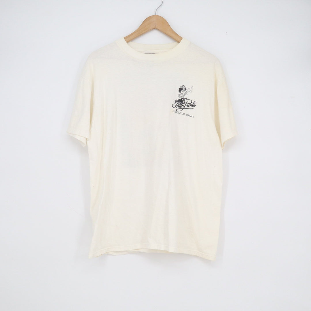 Vintage Oneita Power-T Hula Prints Honolulu Hawaii T-Shirt Large Off-White 90s