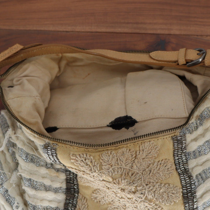 Jasper & Jeera Boho Fringe Beaded Cream Silver Striped Hobo Bag