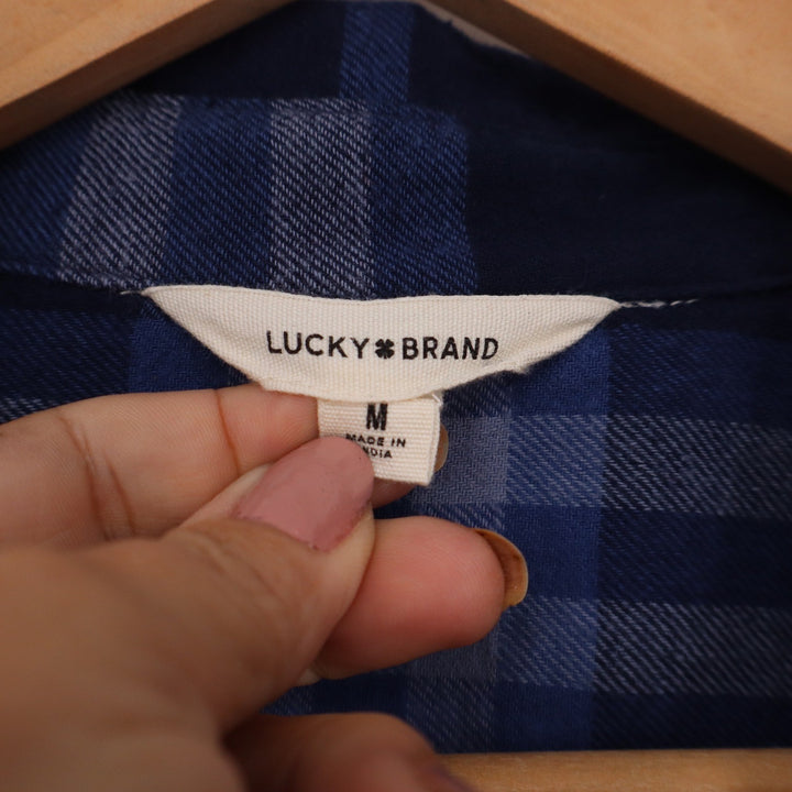 Lucky Brand Womens Navy Blue Plaid Cotton Button Up Cropped Shirt Medium