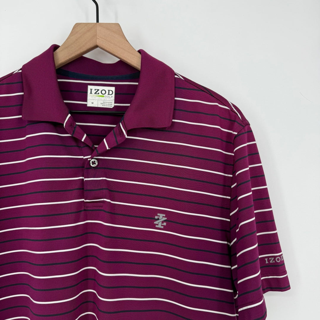 IZOD Golf Mens Medium Burgundy White Stripe Short Sleeve Polo Shirt M