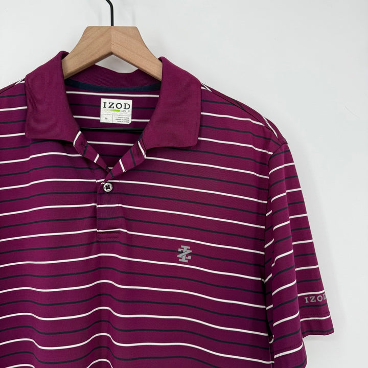 IZOD Golf Mens Medium Burgundy White Stripe Short Sleeve Polo Shirt M