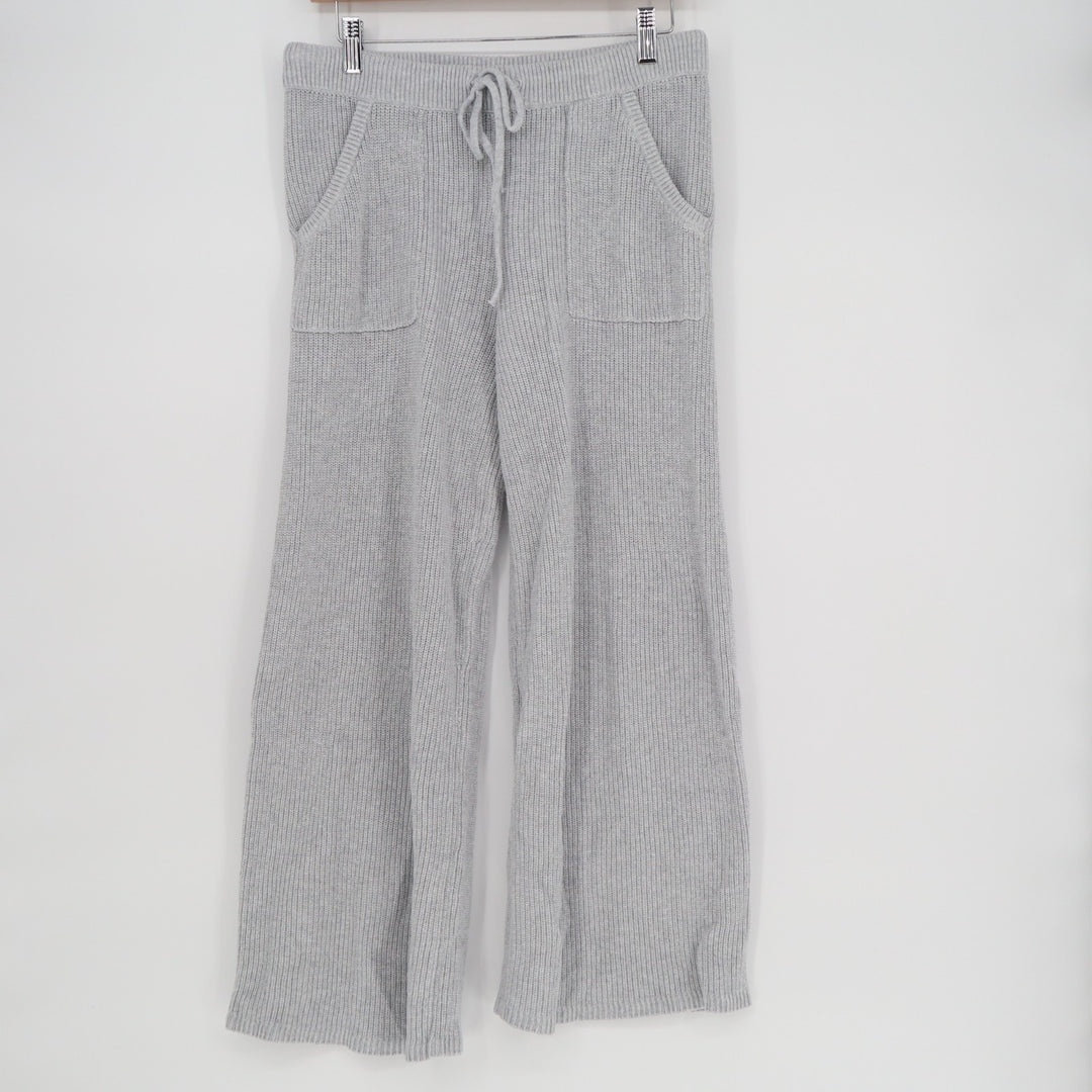 Aerie Wide Leg Cropped Pants Womens Medium Gray Ribbed Chunky Knit Drawstring
