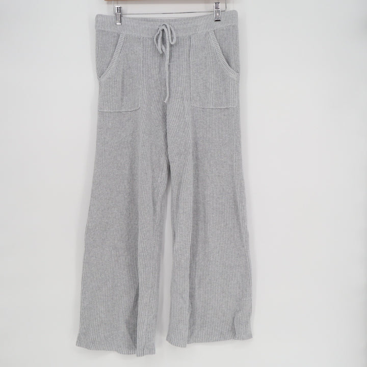 Aerie Wide Leg Cropped Pants Womens Medium Gray Ribbed Chunky Knit Drawstring