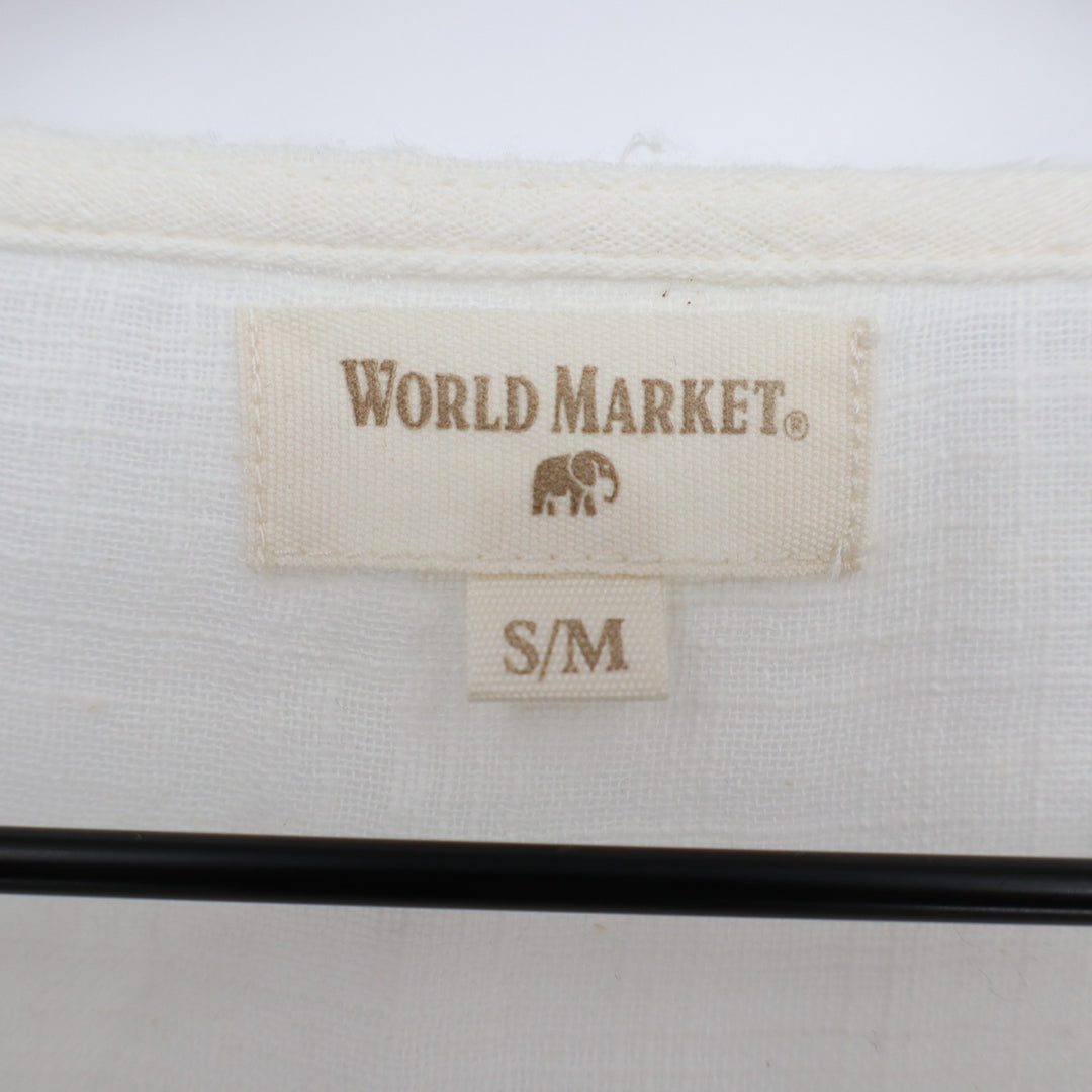 World Market Tunic Top Womens S/M White Floral Cotton Dolman Sleeve Split Neck