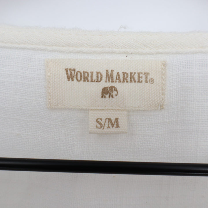World Market Tunic Top Womens S/M White Floral Cotton Dolman Sleeve Split Neck