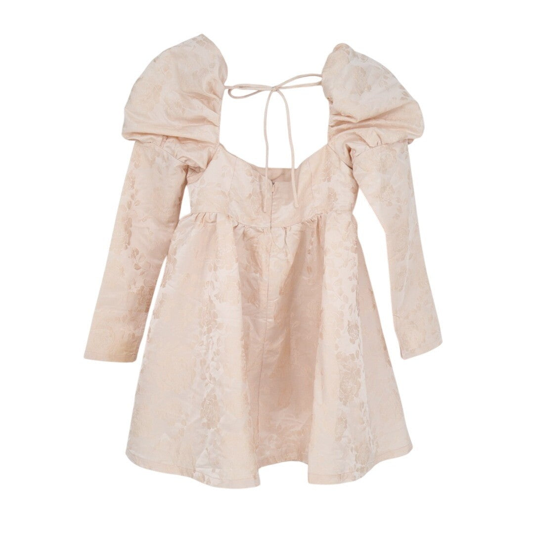 Lulus Lavish Sweetie Babydoll Mini Dress Womens S Blush Jacquard Puff Shoulder