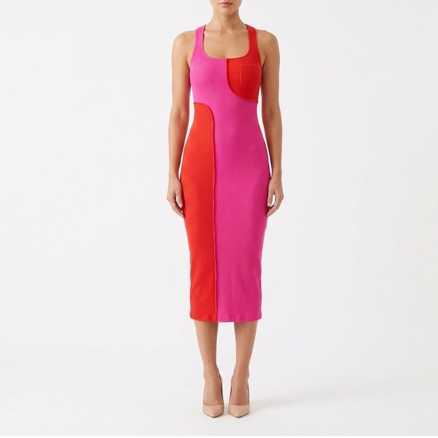 Naked Wardrobe Pink Red Colorblock Ribbed Midi Dress Small