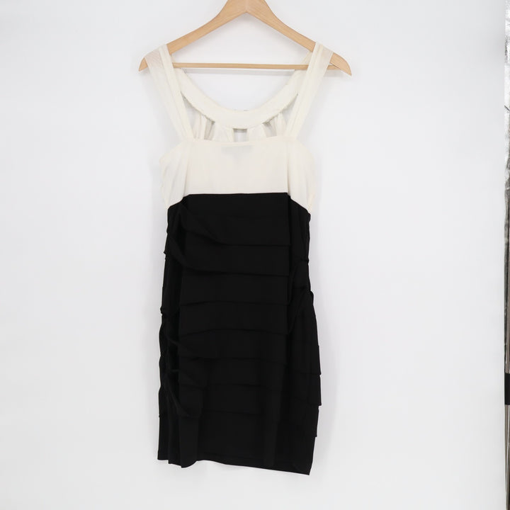 City Studio Tiered Mini Dress Womens XL Black Cream Ruched Embellishment Neck