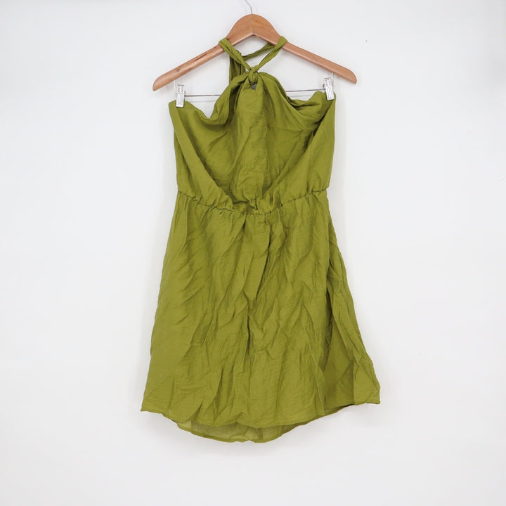 HM Olive Green Halter Neck Mini Dress Open Back Viscose Blend Size L