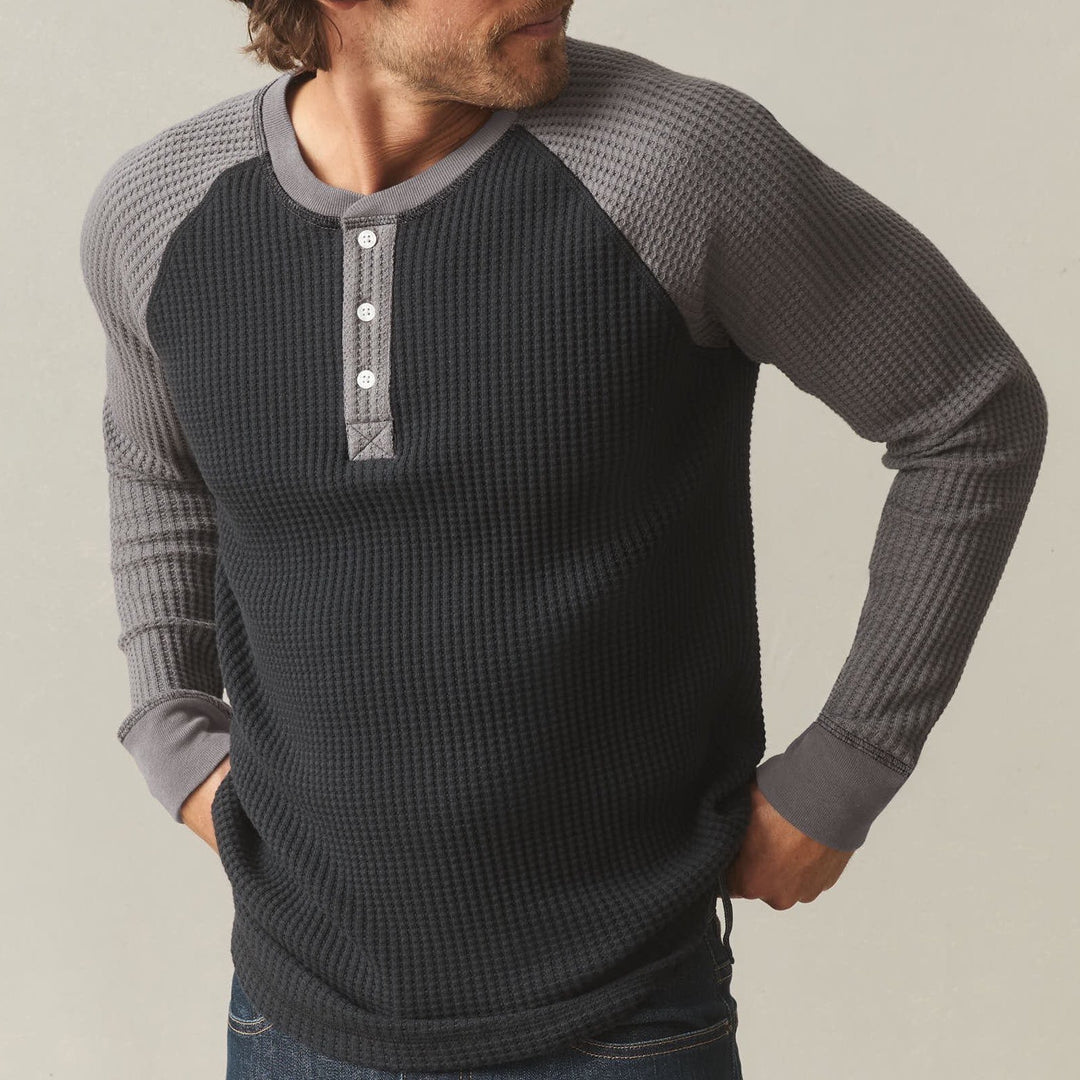 American Giant Shirt Mens L Black Gray Colorblock Ribbed Waffle Knit Henley Neck