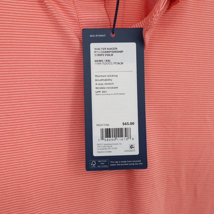 Walter Hagen Mens P11 Championship Stripe Polo Pink Peach XXL NEW