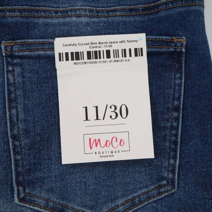 MoCo Boutique Tummy Control Barrel Jeans Medium Wash Blue High Rise 11/30 NEW