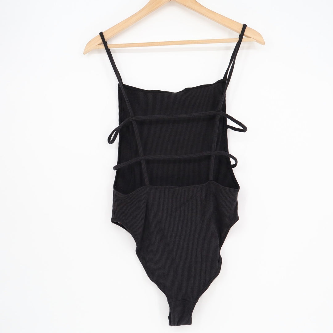 Out From Under Bodysuit Womens L Black Stretch Knit Cut Out Back Spaghetti Strap