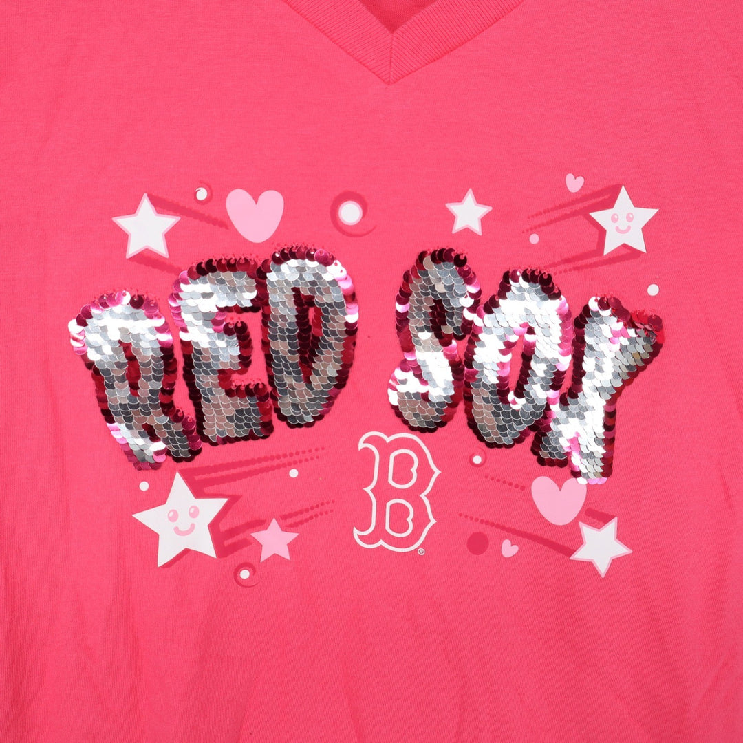 New Era Girls Boston Red Sox Pink Sequin V-Neck T-Shirt Size 7/8 MLB