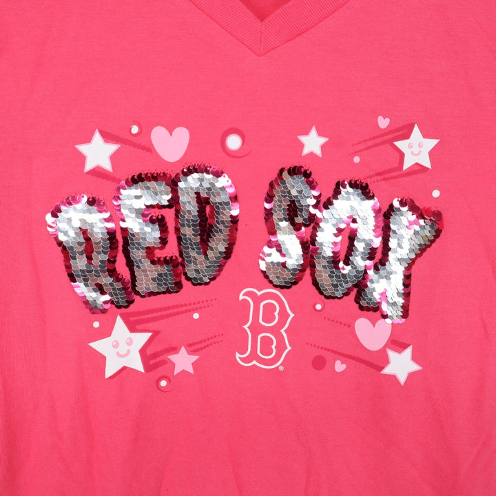 New Era Girls Boston Red Sox Pink Sequin V-Neck T-Shirt Size 7/8 MLB