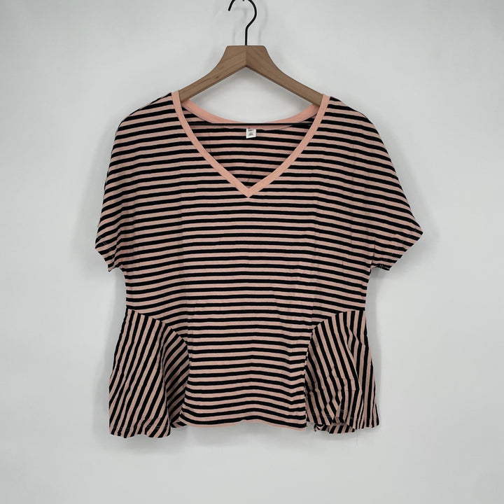 BP. Striped Peplum V Neck T Shirt Top Pink Black Womens Size S