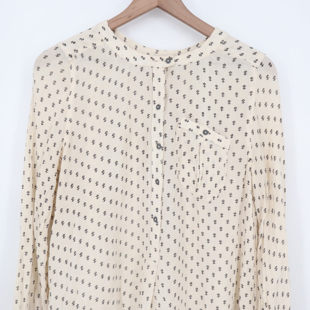 Free People Tunic Top Womens M Beige Printed Pleated High Low Hem Long Sleeve