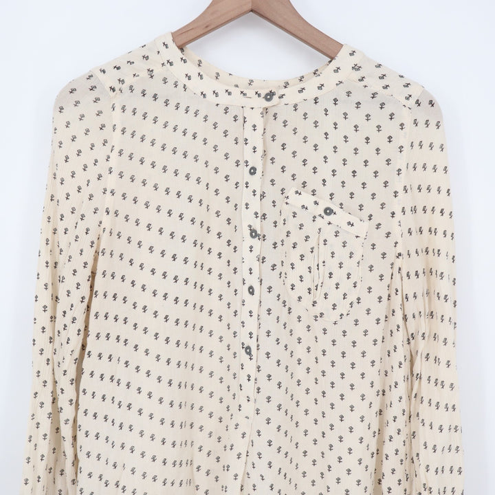 Free People Tunic Top Womens M Beige Printed Pleated High Low Hem Long Sleeve