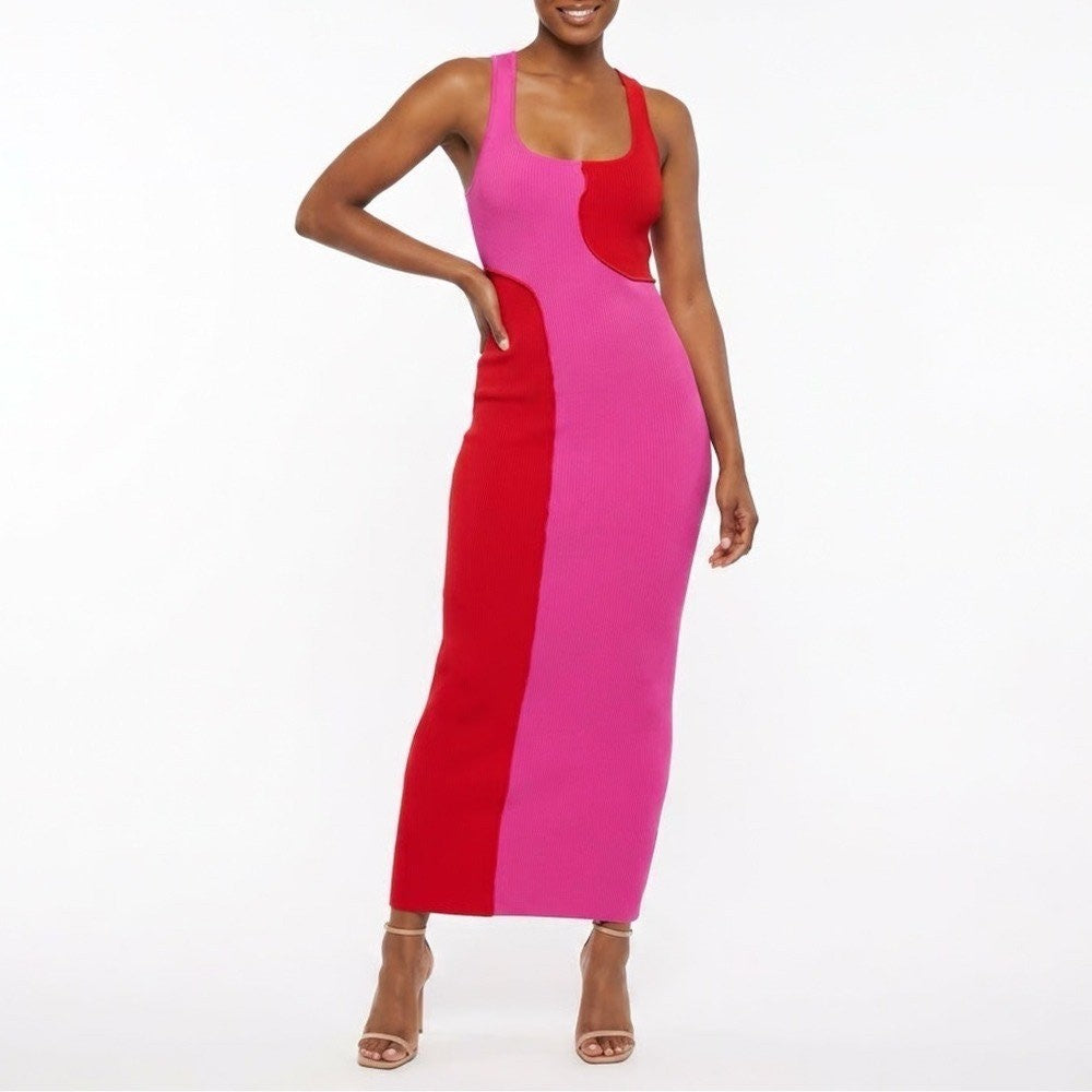 Naked Wardrobe Pink Red Colorblock Ribbed Midi Bodycon Dress M