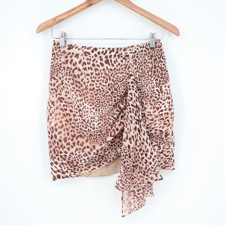 Naked Wardrobe Leopard Print Ruched Ruffle Mini Skirt Tan Brown Small